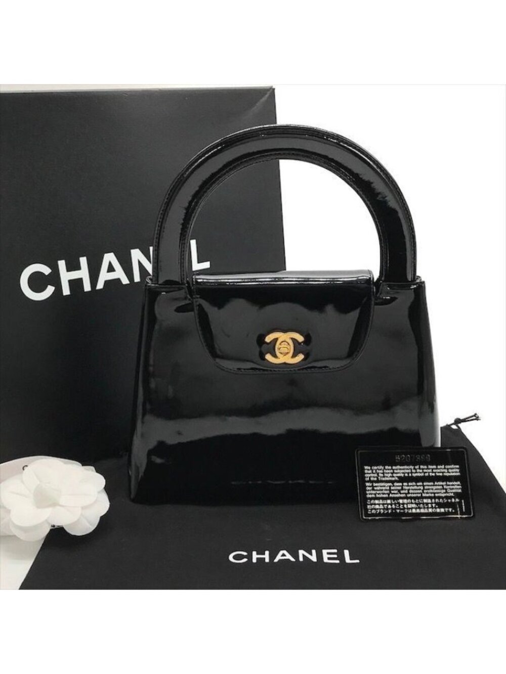 Chanel CC Logo Turnlock Patent Hand Bag Black Bag
